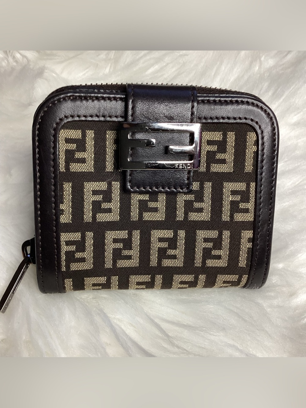 Fendi Brown/Beige Zucca Zip-Around Compact Wallet